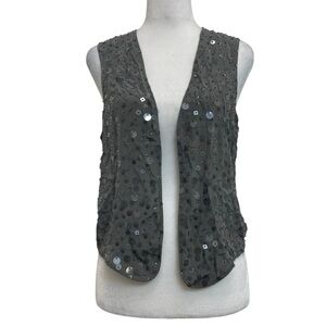 Forever 21 Love21 100% Silk Gray Beaded and Sequin Open Front Vest